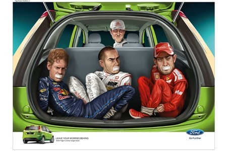 Poster quảng cáo xe Ford gây “cuồng phong” ở Ấn Độ - 3 Bức thứ ba là hình ảnh huyền thoại F1 Michael Schumacher có vẻ như là đã bắt có các tay lái khác